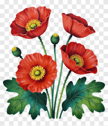 Red Poppy Flowers With Green Leaves PNG