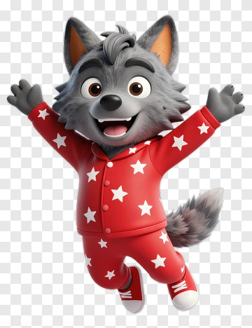 Cartoon Wolf In Red Pajamas PNG