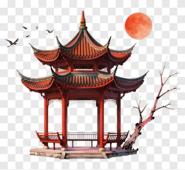 Traditional Asian Pavilion Under A Red Moon PNG