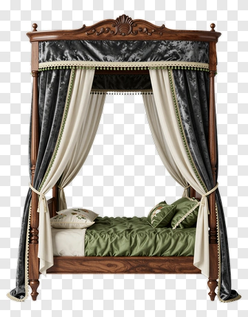 Elegant Canopy Bed With Green Bedding PNG