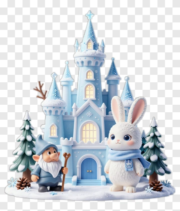 Gnome And Rabbit In Front Of A Snowy Castle PNG