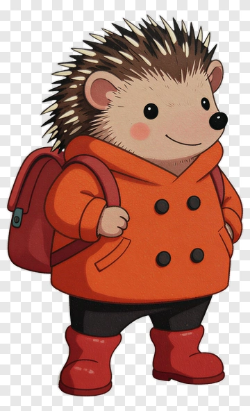 Cartoon Hedgehog Wearing An Orange Coat And Backpack PNG