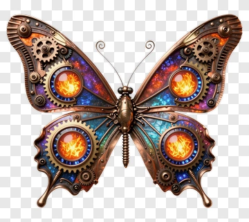 Steampunk Butterfly With Gears And Flames PNG