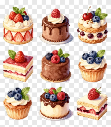 Colorful Dessert Cakes With Berries PNG