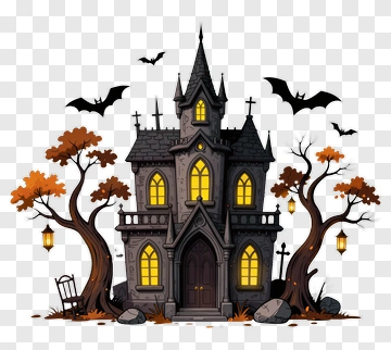 Haunted House With Bats And Trees PNG