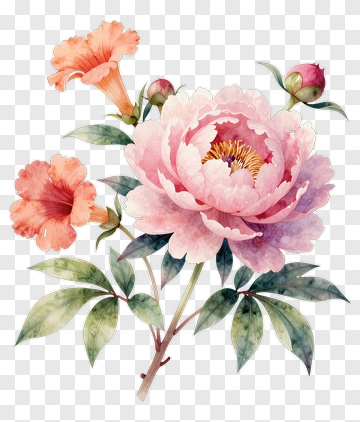 Watercolor Peony And Hibiscus Flowers PNG