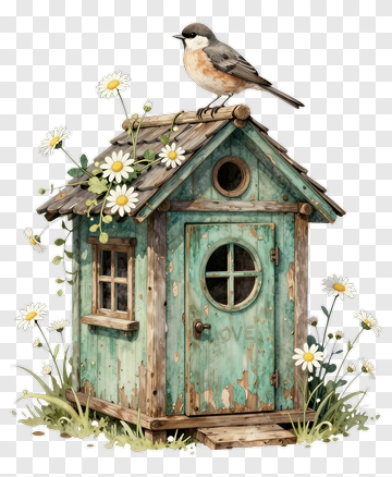 Birdhouse With A Bird And Flowers PNG