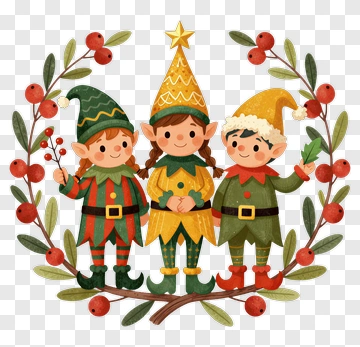 Cartoon Christmas Elves Holding Gifts PNG