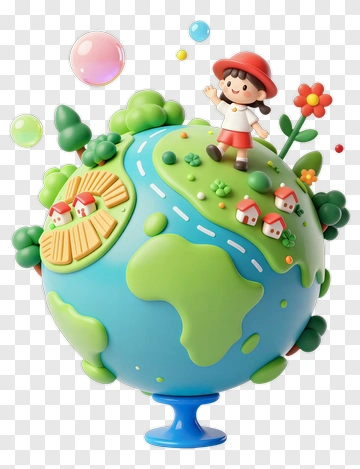 Cartoon Girl Standing On A Colorful Earth Globe PNG