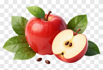 Red Apple With Sliced Half And Leaves PNG