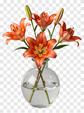 Orange Lily Bouquet In A Glass Vase PNG