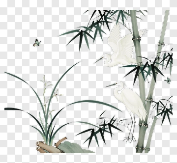 Elegant Bamboo And Heron Scene PNG