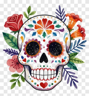 Colorful Sugar Skull With Floral Decorations PNG