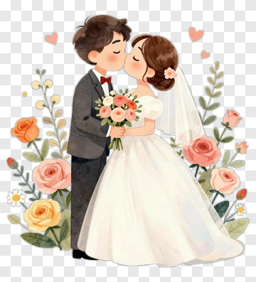 Cartoon Wedding Couple Kissing With Flowers PNG