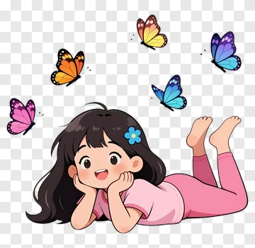 Cartoon Girl Lying Down With Butterflies PNG