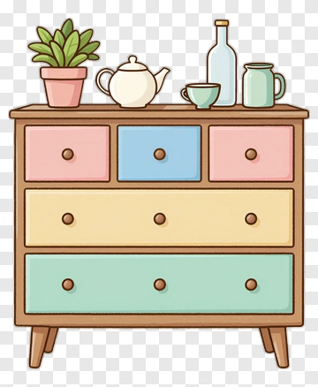 Colorful Chest Of Drawers With Decorative Items PNG