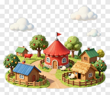 Colorful Farmhouse With Animals And Trees PNG