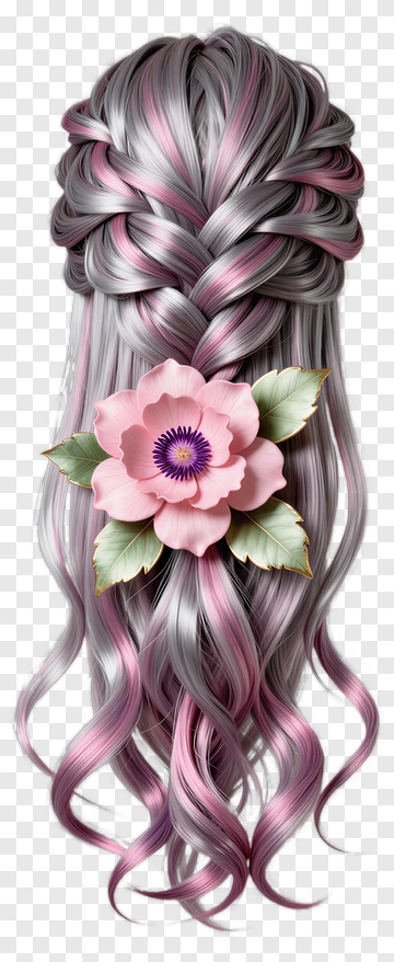 Braided Hair With Pink Flower Decoration PNG