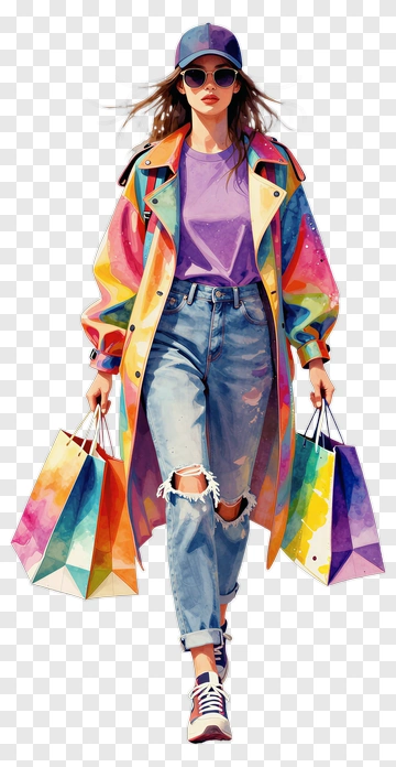 Colorful Woman Carrying Shopping Bags PNG