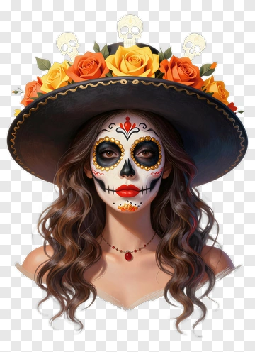 Woman With Sugar Skull Makeup And Floral Hat PNG
