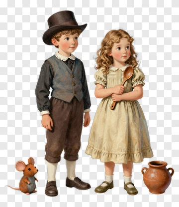 Vintage Boy And Girl Standing With Mouse And Pottery PNG
