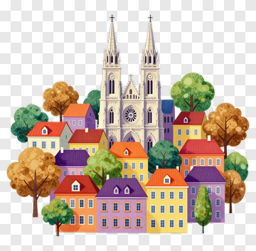 Colorful Village With Church PNG