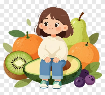 Cartoon Girl Sitting Among Fruits PNG