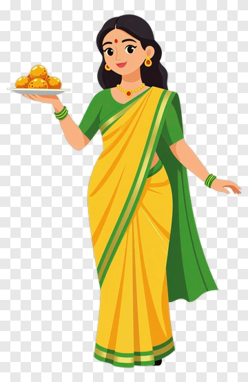 Woman In Traditional Indian Attire Holding A Plate Of Sweets PNG