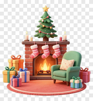 Christmas Tree By Cozy Fireplace With Presents PNG