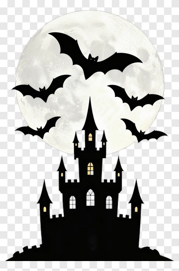 Halloween Castle Silhouette With Bats And Full Moon PNG