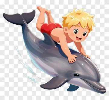 Cartoon Boy Riding A Dolphin PNG