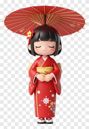 Cartoon Girl In A Red Kimono Holding A Parasol PNG