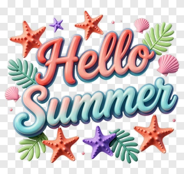 Hello Summer Text With Starfish And Seashells PNG