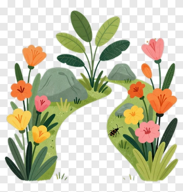 Colorful Floral Garden With Rocks PNG