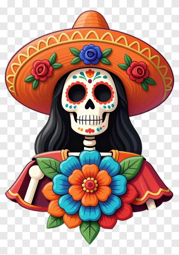 Colorful Sugar Skull With Floral Decoration PNG