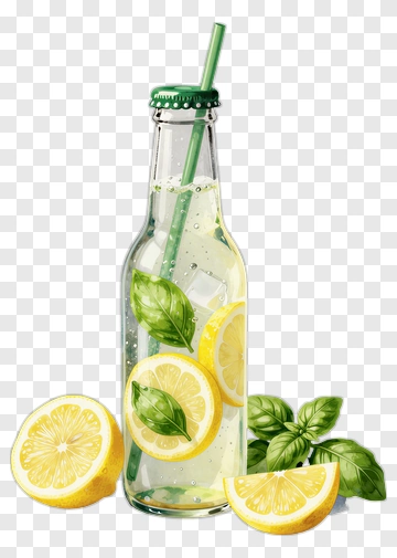Lemonade Bottle With Slices And Basil Leaves PNG
