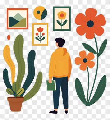 Person Observing Art In A Floral Environment PNG