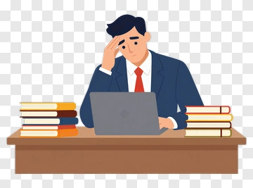 Stressed Businessman Working At Desk With Laptop And Books PNG