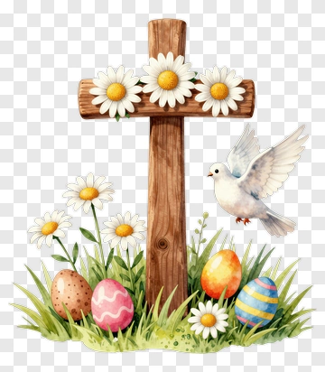 Easter Cross Surrounded By Flowers And Colorful Eggs PNG