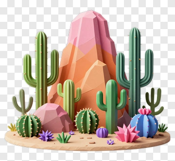 Colorful Cactus Landscape With Geometric Rocks PNG