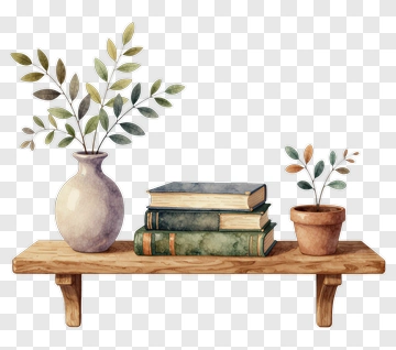 Wooden Shelf With Books And Flower Vases PNG