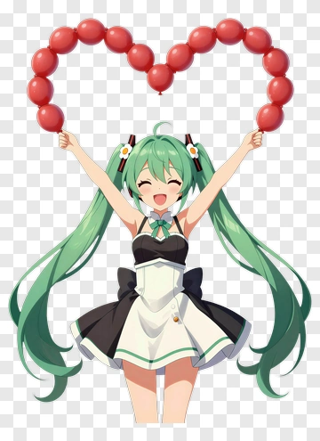 Cartoon Character Holding Heart-Shaped Balloons PNG