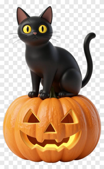Cartoon Black Cat Sitting On A Halloween Pumpkin PNG