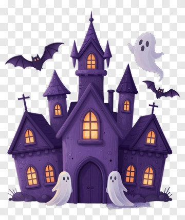 Cartoon Haunted House With Ghosts And Bats PNG
