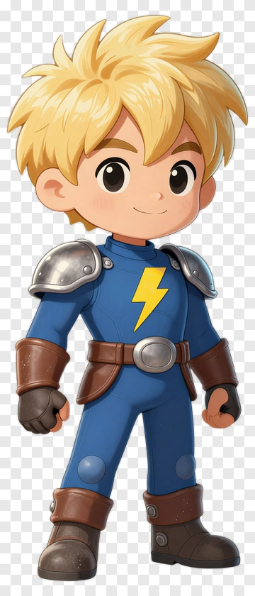Cartoon Boy In Blue Outfit With Lightning Bolt PNG