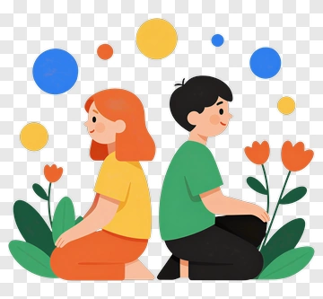 Cartoon Children Sitting Back To Back Among Flowers PNG