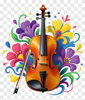 Colorful Violin Surrounded By Vibrant Flowers PNG