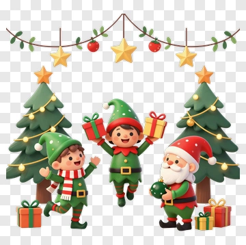 Cartoon Santa And Elves Celebrating Christmas PNG