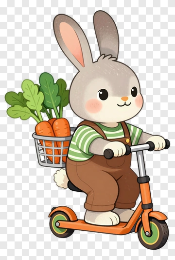 Cartoon Rabbit Riding A Scooter With Carrots PNG