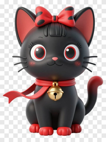 Cute Cartoon Black Cat With Red Bow And Bell PNG